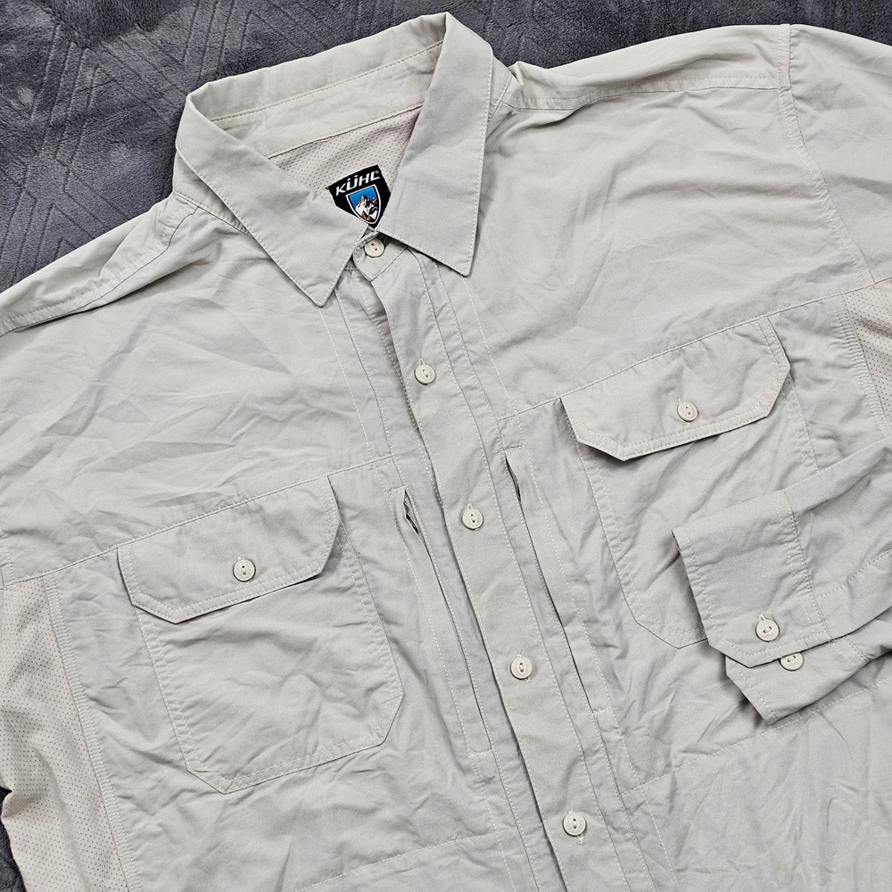 Kuhl Button Down Mens XL Beige Long Sleeve Ventilated Hiking Shirt Gorpcore